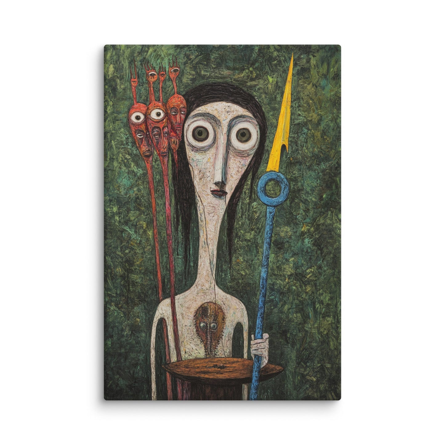 Surreal art print featuring a tall ethereal figure holding a spear, accompanied by three long-necked, mask-like beings, inspired by Victor Brauner’s style – modern surreal canvas wall art.