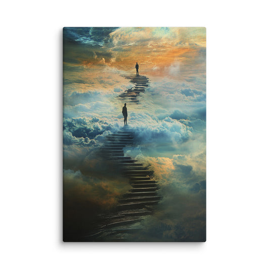 Stairway of Eternity surreal canvas wall art showing a winding staircase through clouds and rock formations, high-resolution cosmic artwork for modern home décor. 40″×60″