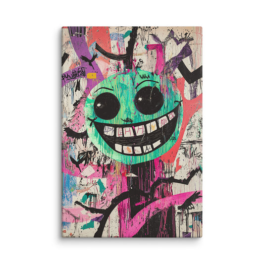 Neon Grin modern canvas wall art featuring a neon-green smiley face with graffiti textures and bold pop art colors; high-resolution canvas print for contemporary home or office décor.