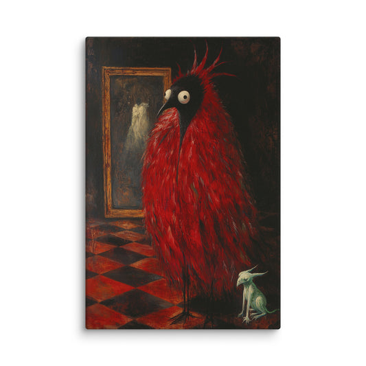 Plumbed Enigma modern canvas wall art featuring a red-feathered creature, a small mythical beast, and a mysterious mirror reflection; high-resolution surreal abstract art print for modern home décor. 40″×60″