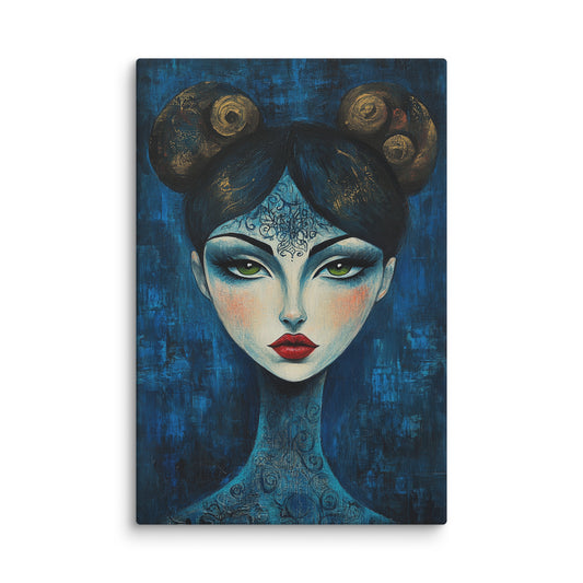 Midnight Muse modern canvas wall art featuring a captivating woman with green eyes and intricate hair buns against a rich blue textured background; high-resolution portrait art print for modern interiors. 40″×60″