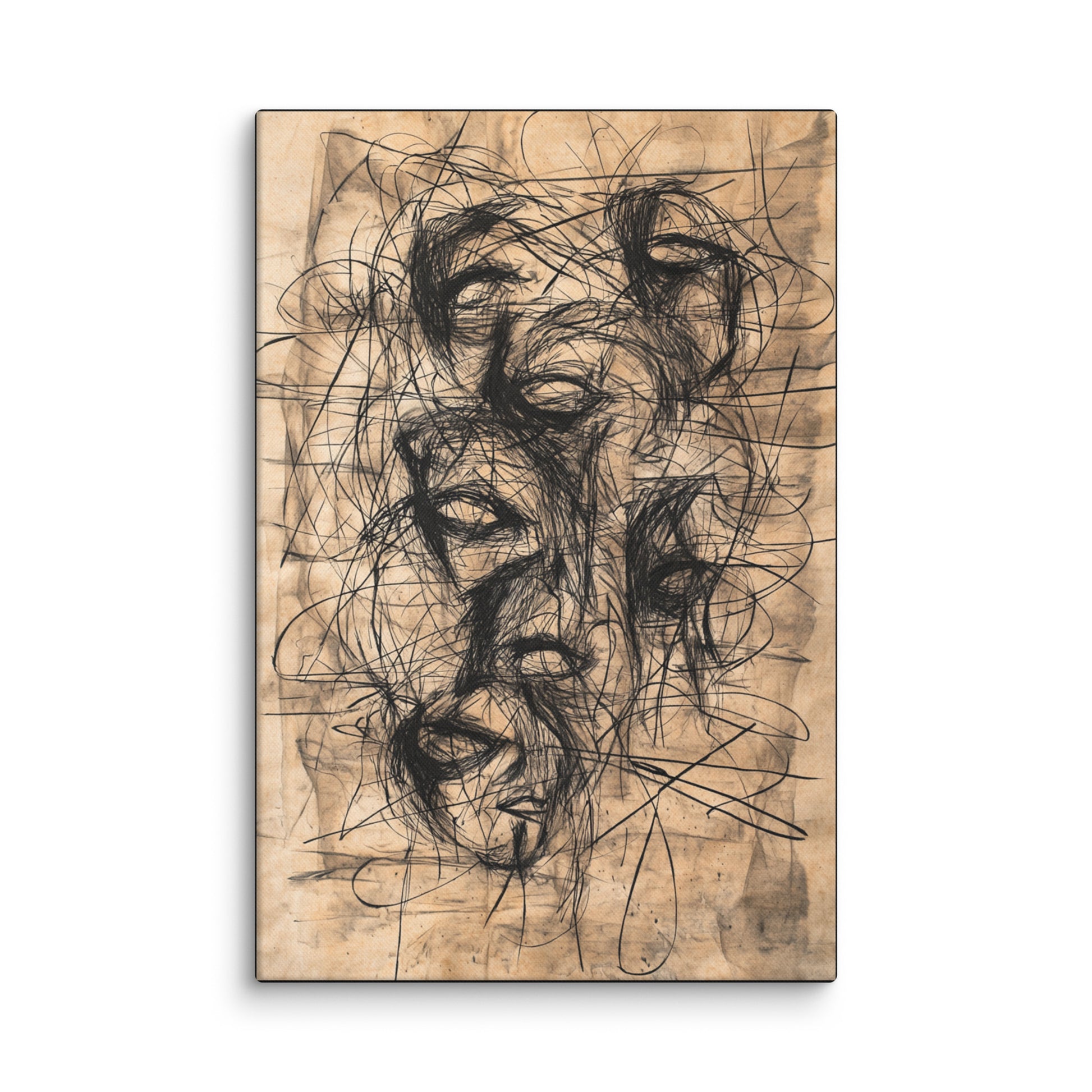 Lost Vision modern abstract canvas wall art featuring expressive charcoal-style intertwined faces inspired by Frank Auerbach; high-resolution monochrome print for contemporary home or office décor. 40″×60″
