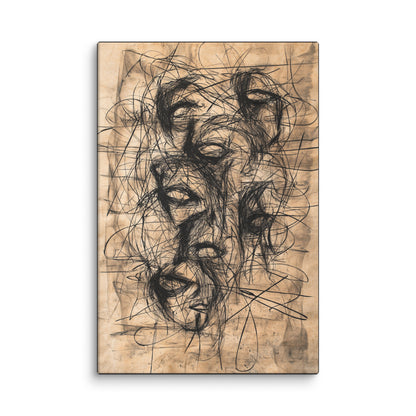 Lost Vision modern abstract canvas wall art featuring expressive charcoal-style intertwined faces inspired by Frank Auerbach; high-resolution monochrome print for contemporary home or office décor. 40″×60″