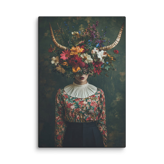 Blossom Crown floral canvas print – horned figure with blossom crown